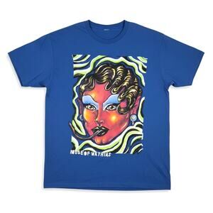 House of Mathias Hand Painted Custom Abstract Face Graphic T Shirt Blue